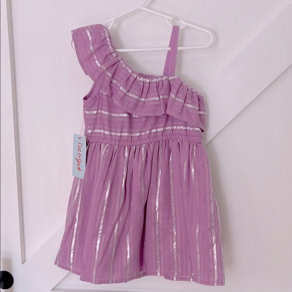 NWT Ruffle Shoulder Metallic Silver Striped Purple Linen Like Pleated Mini Dress
